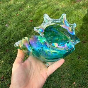 8” Conch Shell ArtGlass Blown Blue Iridescent  Signed Wilson 08’ Beach Ocean
